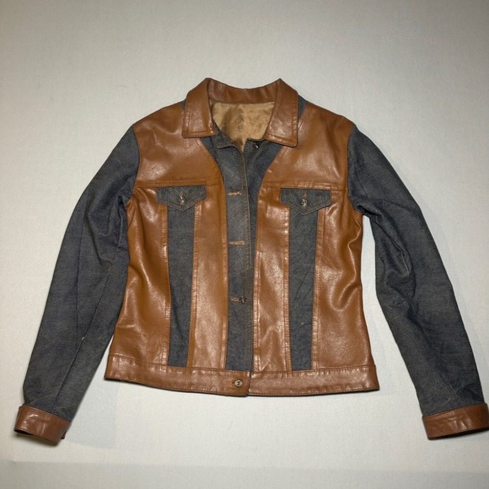 Senso‎ Unico Jacket Womens XL Denim Leather Jean Patchwork Brown Blue 90's Italy